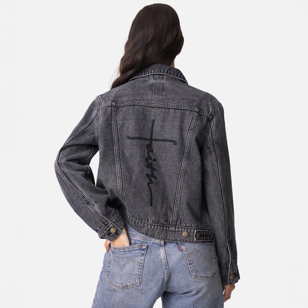 Love In Faith Vintage Washed Faith Cross Denim Jacket Embroidered Black